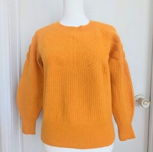 Bloomingdale's 2 Ply Cashmere Mustard Novelty Stitch Knit Puffy Sleeve Sweater